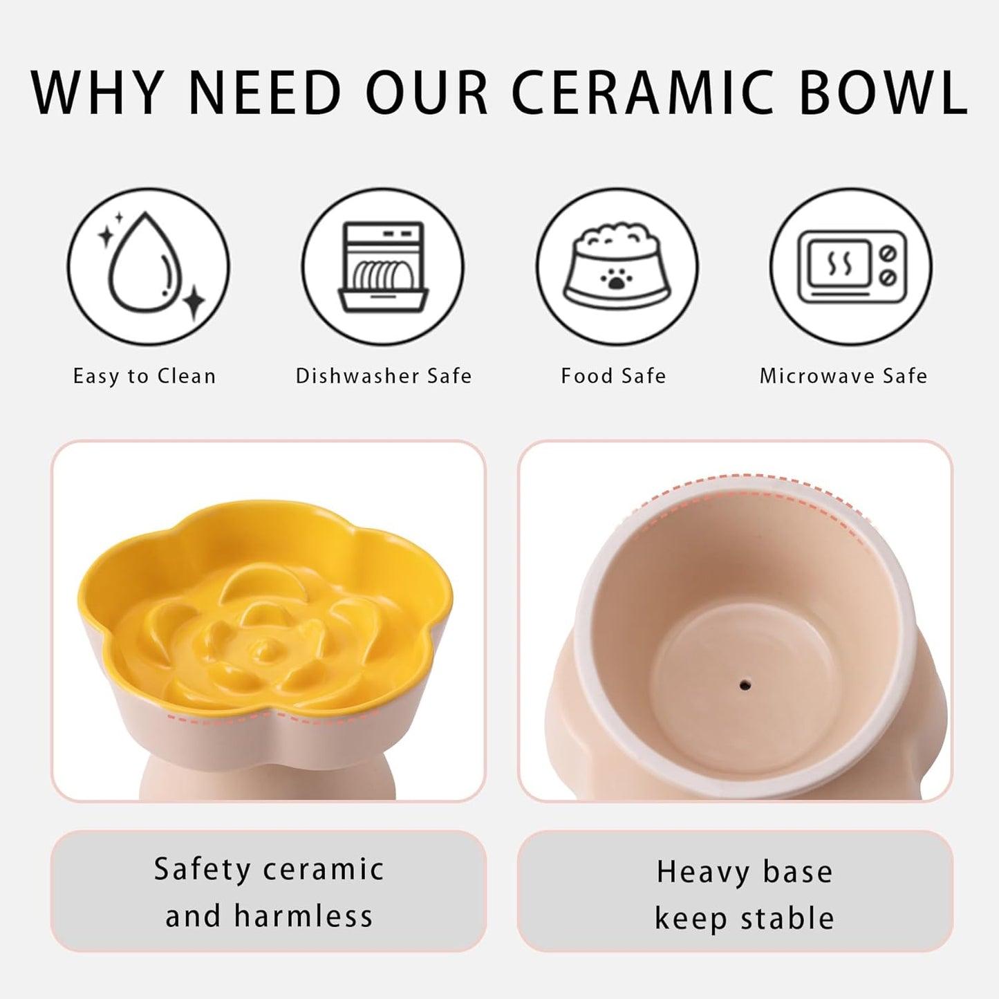 Tilted Cat Bowl, Flower-Shaped Ceramic Slow Feeder Cat Bowl, Raised Pet Bowl for Whisker Relief, Prevents Vomiting & Bloating, Non-Slip Base, Easy to Clean for Dry/Wet Food (Yellow & Beige)