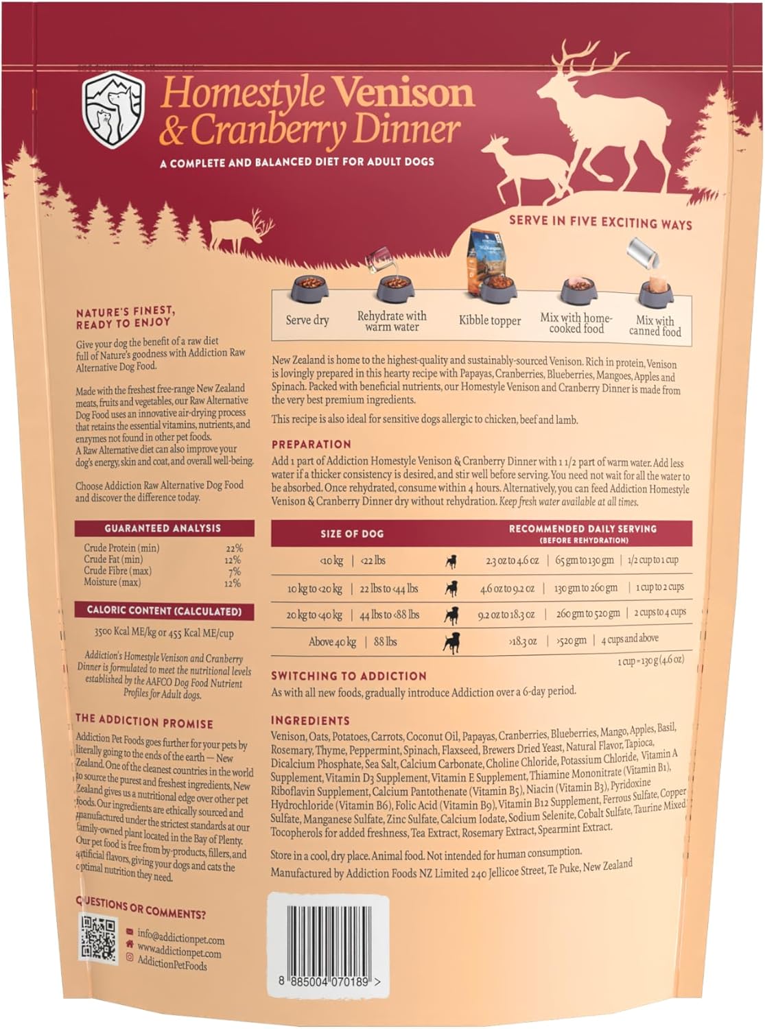 Addiction Homestyle Venison & Cranberry Dinner Air-Dried Grain-Free Dog Food – Complete Meal or Topper with Natural Ingredients for Digestive and Skin & Coat Health, 2lb - 2 Packs