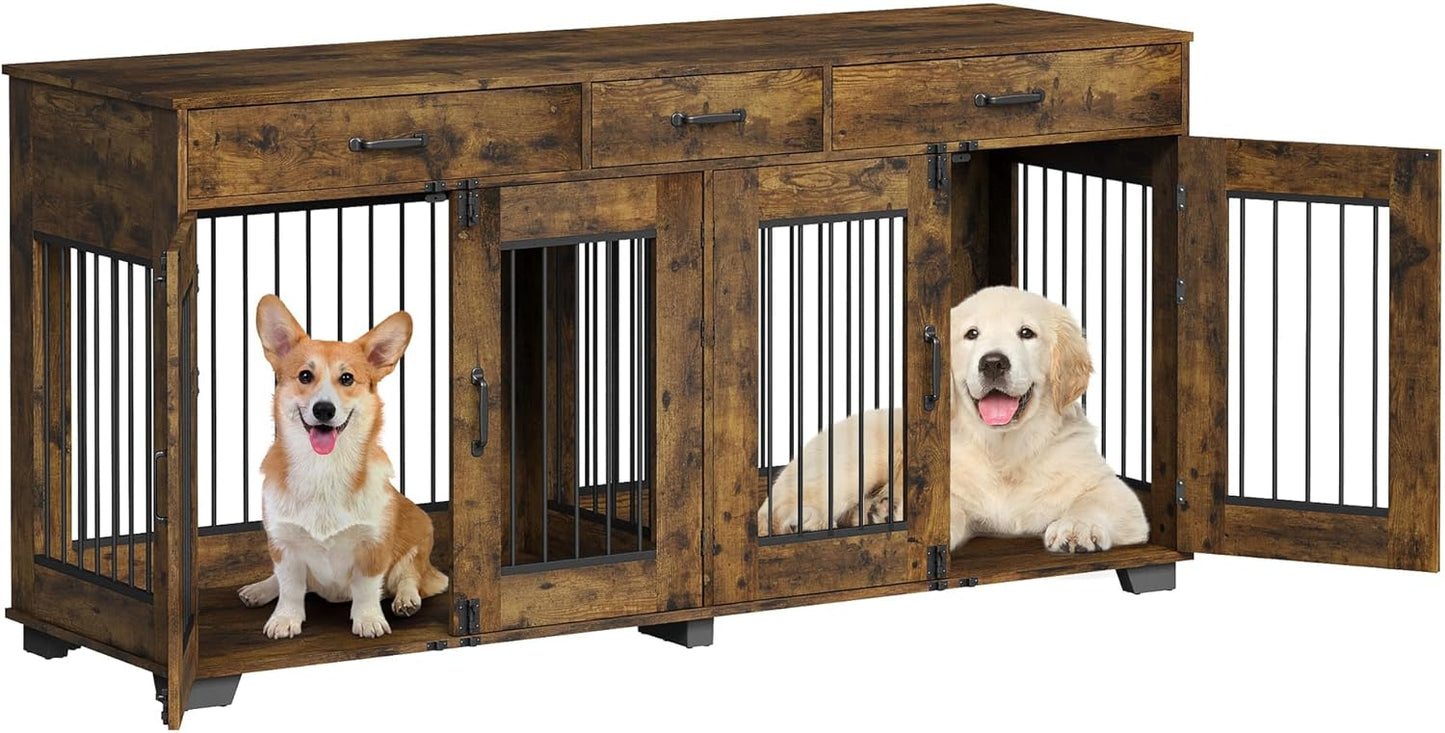 Dog Crate Furniture for 2 Dogs, 71" Large Double Dog Kennel with Removable Divider and 3 Drawers, Decorative TV Stand Side Table, Indoor Pet Cage House Rustic Brown