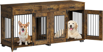 Dog Crate Furniture for 2 Dogs, 71" Large Double Dog Kennel with Removable Divider and 3 Drawers, Decorative TV Stand Side Table, Indoor Pet Cage House Rustic Brown