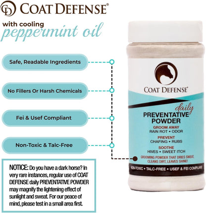 COAT DEFENSE Daily Preventative Powder for Horses - Safe & Effective Equine Skin Conditioner Sweet Itch, Skin Funk, & Rain Rot - Dry Horse Shampoo, 16 oz Formula with All Natural Ingredients