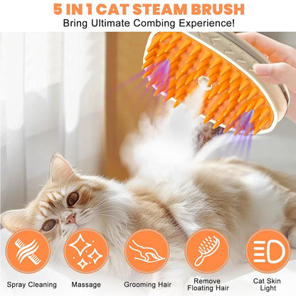 5 in 1 Cat Steam Brush for Shedding with Skin Detection, Rechargeable Pet Spray Hair Removal Comb for Cats Dogs Long Short Haired Pets, Steaming Dog Brush for Shedding Massaging Grooming