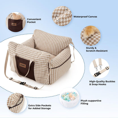Dog Car Seat for Small Dogs - Waterproof Pet Booster Seat for Car with Clip-On Safety Leash, Soft Travel Carrier for Puppy up to 25 lbs, Memory Foam Filling & 2 Adjustable Buckles Houndstooth