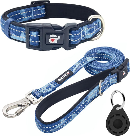 azuza Reflective Dog Collar and Leash Set with Airtag Holder, Blue Camo Padded Collar with Matching Clip Handle Leash for Small Dogs