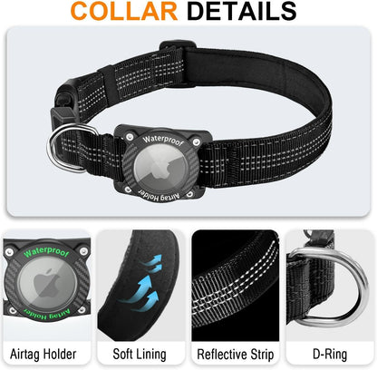 AirTag Dog Collar, IPX8 Waterproof Air Tag Dog Collar Holder, Reflective, Durable, Comfortable Padded GPS Collars for Small Medium Large Dogs, Black, L