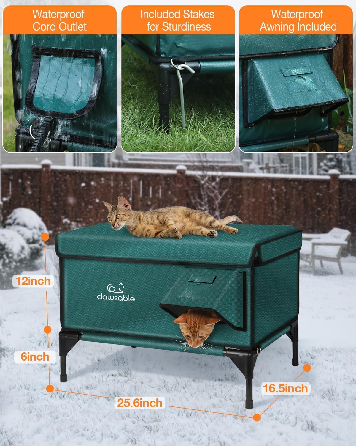 Indestructible Heated Cat House for Outside Winter, 100% Waterproof, Safe Escape Door, Insulated Outdoor Cat Shelter with Heater for Feral Barn Cat Kitty (Forest Green, 26"x16"x18")