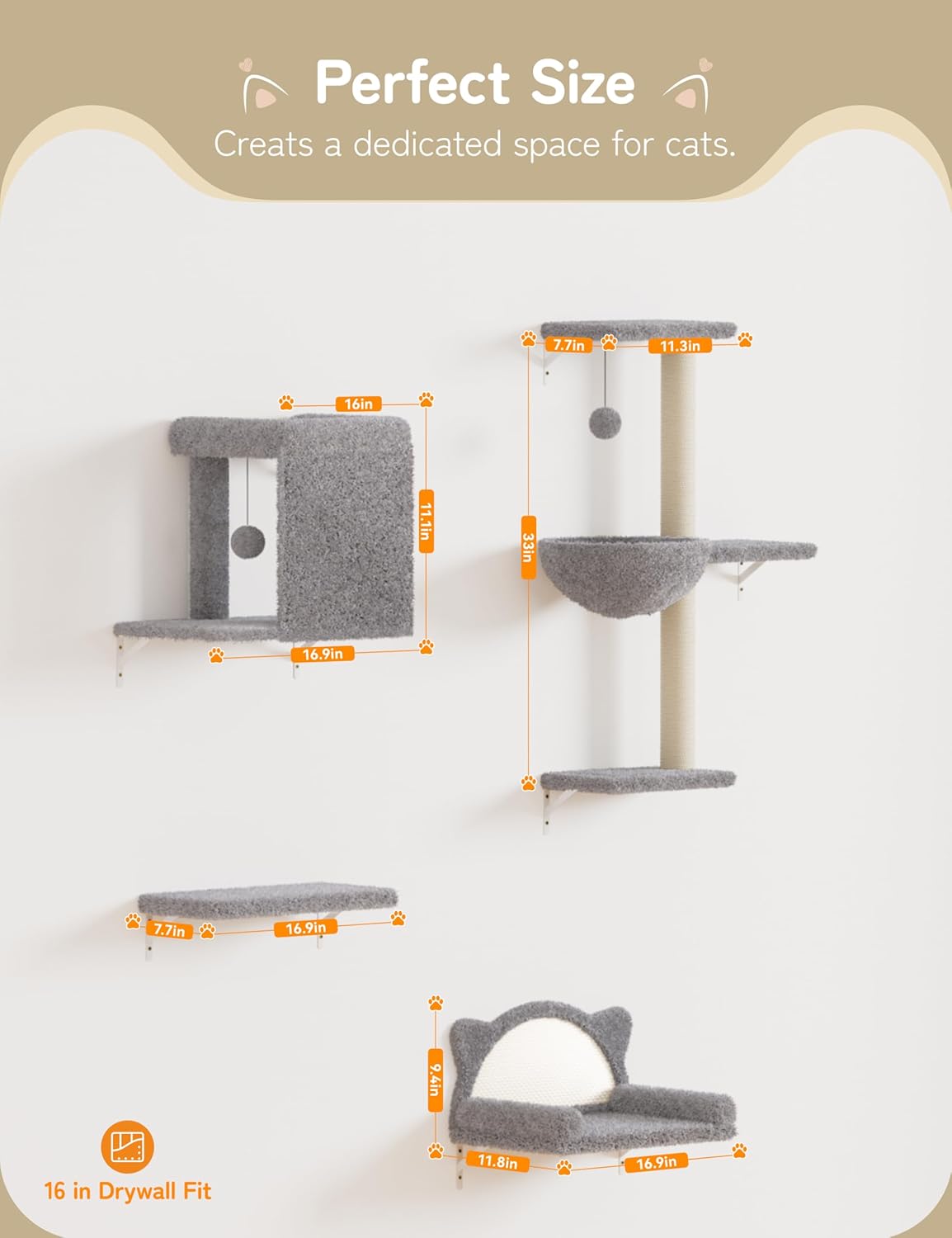 5-in-1 Cat Wall Shelves, Solid Wood & Velvet & Sisal Scratcher, 44lbs Max Load, Wall Mounted Cat Furniture for Climbers, Cat Climbing Wall System, Fits Drywall & Solid Walls - Light Gray