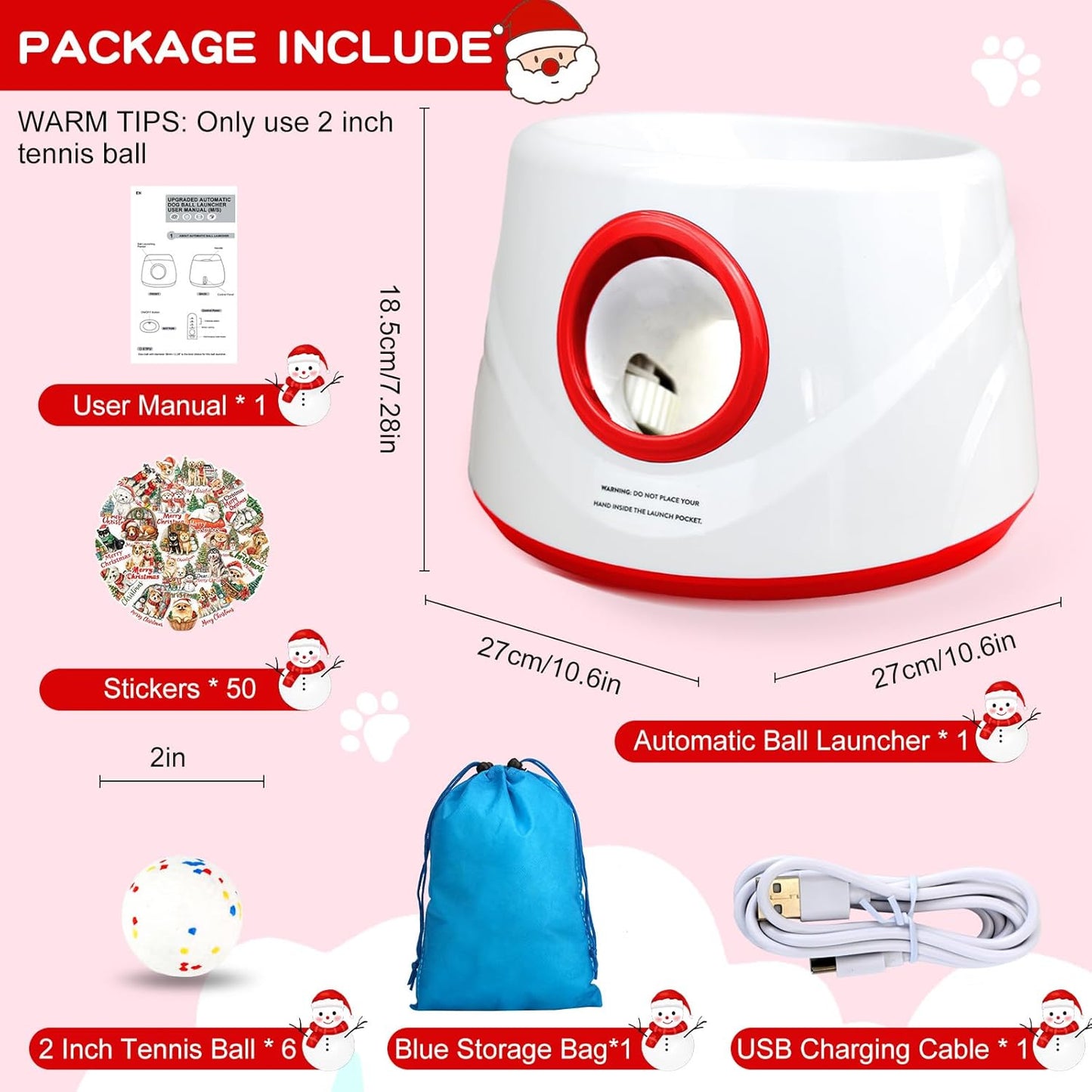 Automatic Ball Launcher for Dogs, Dog Ball Thrower with 19-32-45Ft Distance, Rechargeable Automatic Launcher with 6 Balls (2.2"), Dog Balls Launchers for Small & Medium Red