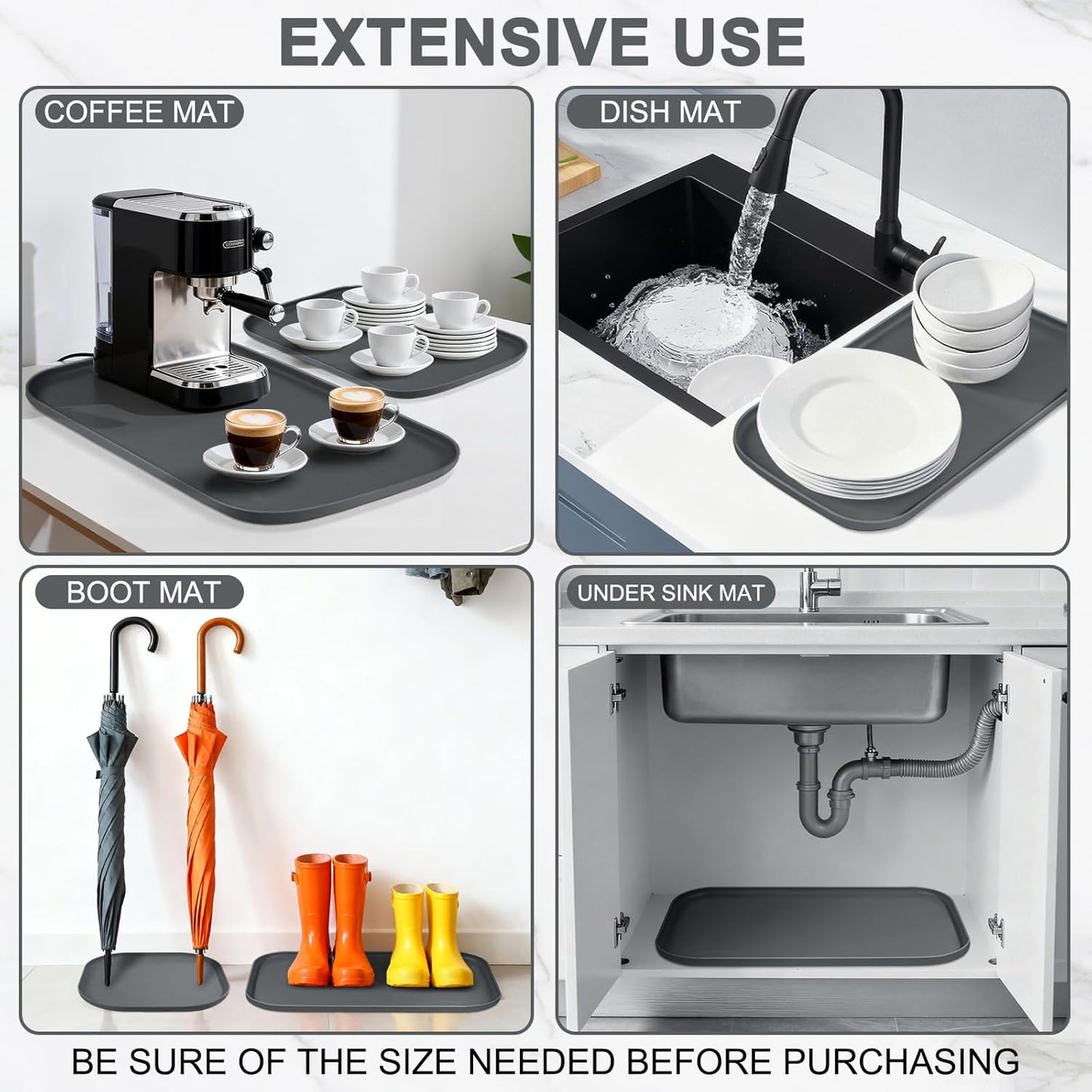 Small Silicone Pet Food Mat with Raised Edge for Food and Water Bowl, Square Dog Feeding Mats, Cat Food Trays for Floor Waterproof, Rubber Tray for Dogs and Cats, 12 x 12 x 0.7 Dark Grey