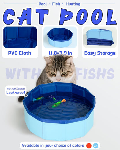 Cat Pool Toy with 3 LED Electric Fish, Robotic Swimming Fish with Flashing Lights-Foldable Cat Pool Proof Kitten Water Play Mat for Indoor Cats Fun Bath & Exercise fishToy 12” Toy （Blue）