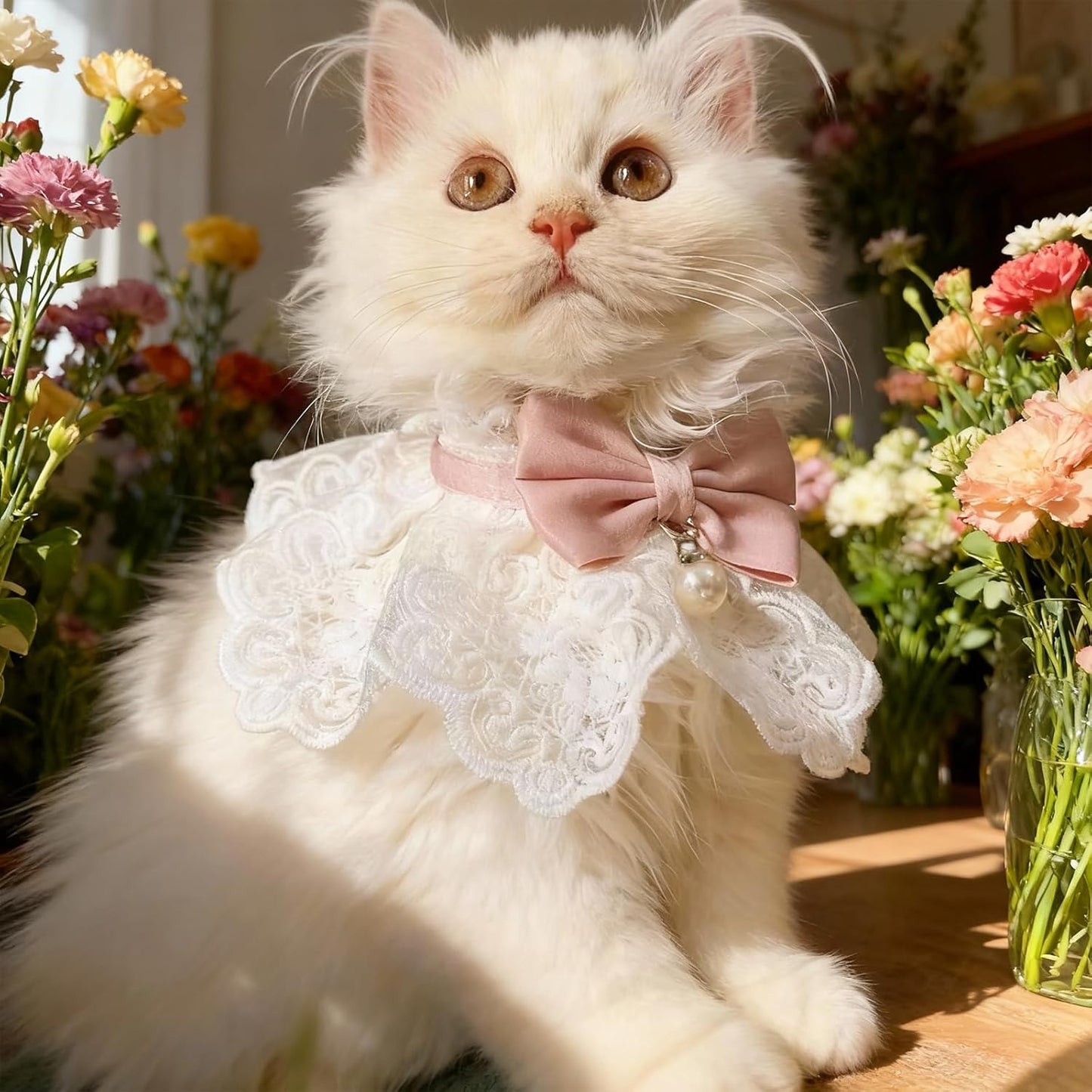 Breakaway Cat Bow Collar, Floral Cute Kitten Collar, Adjustable Safety Ties with Pearl Bell, Elegant Lace Necklace for Indoor Girl Cats, Dogs, Pets (Pink)