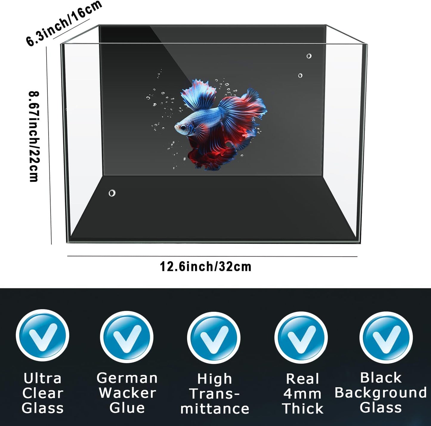 3 Gallon 12.6” L Fish Nano Glass Aquarium, with Separator Plate for Betta, Multi-Functional Square Fish Tank with Filter, LED Light, Black 4mm Glass