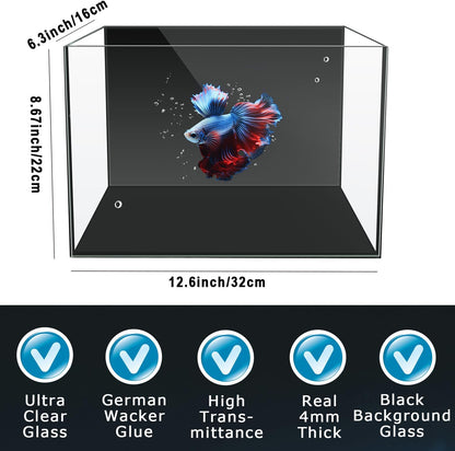 3 Gallon 12.6” L Fish Nano Glass Aquarium, with Separator Plate for Betta, Multi-Functional Square Fish Tank with Filter, LED Light, Black 4mm Glass
