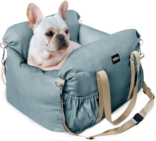 Small Dog Car Seat with Safety Leash - Up to 25lbs, Waterproof Travel Bed with Detachable Cover and Pockets - Easy Installation - Blue