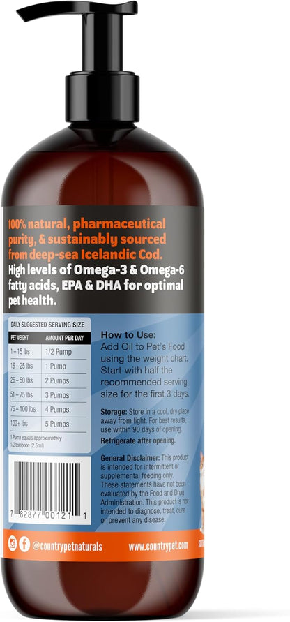 Wild Caught Pure Cod Liver Oil 16oz Highest Omega 3 1150mg/tsp, Highest Purity, High EPA/DHA, Vitamin A & D - Reduces Itching, Healthy Skin & Coat, Mobility, BPA-Free, Pump incl.