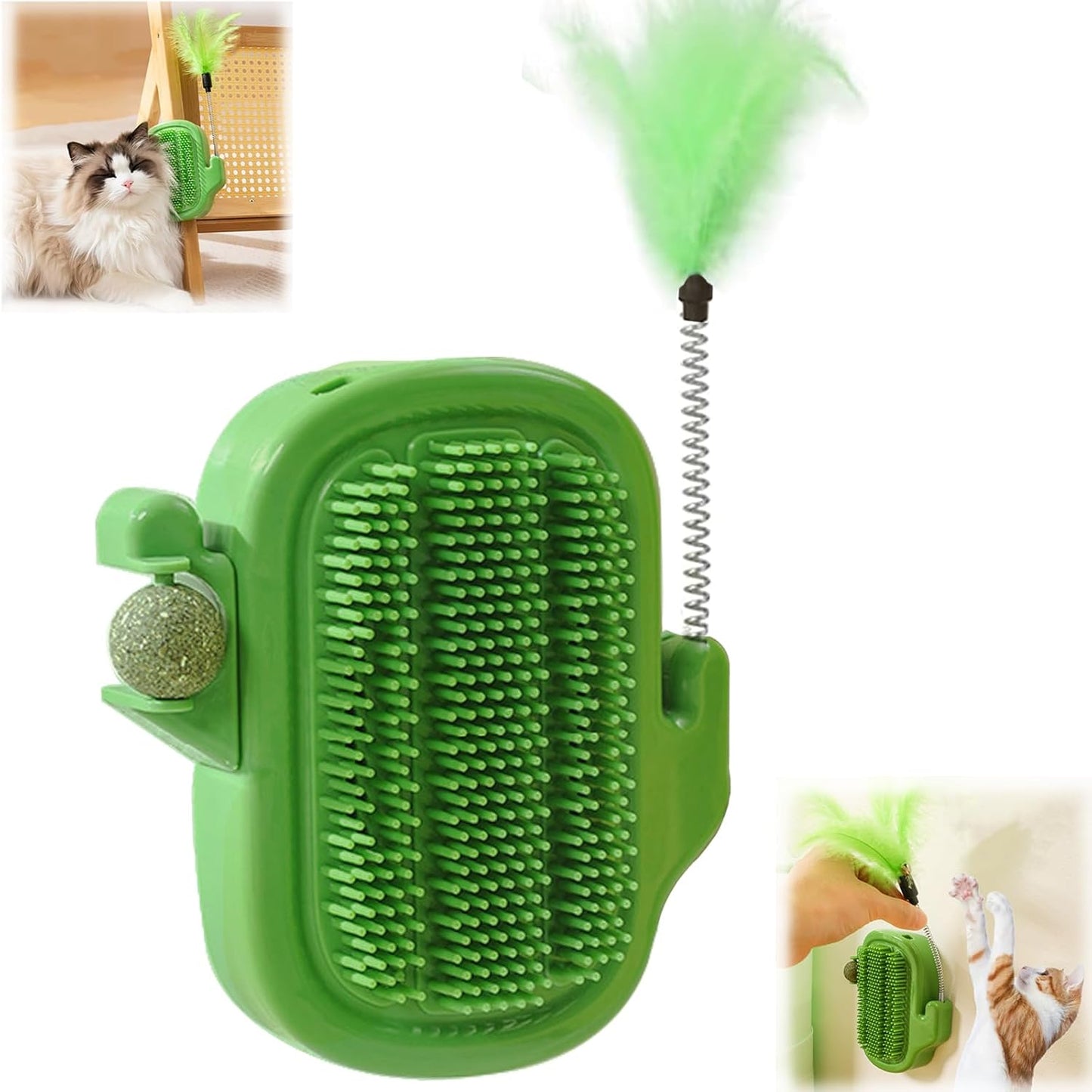 3 in 1 Cat Self Groomer Brush, Cactus Style Wall Corner Massage Comb Scratcher with Feather Toys & Catnip Ball for Indoor Cats, Pet Tickling Artifact, Cat Face Scratchers for Fur Pets