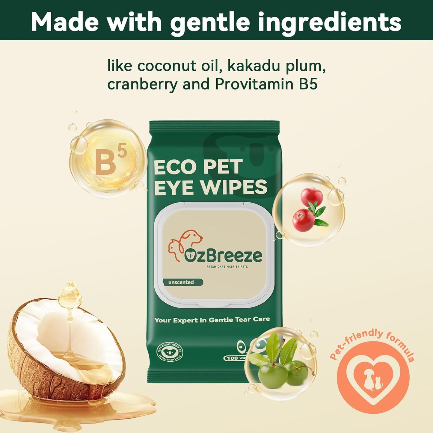 Pet Eye & Grooming Wipes – 100 Count Unscented Tear Stain Remover & 20 Count Cleaning Wipes for Dogs & Cats | Coconut Oil, Kakadu Plum, Cranberry, Jojoba, Sea Buckthorn, Provitamin B5