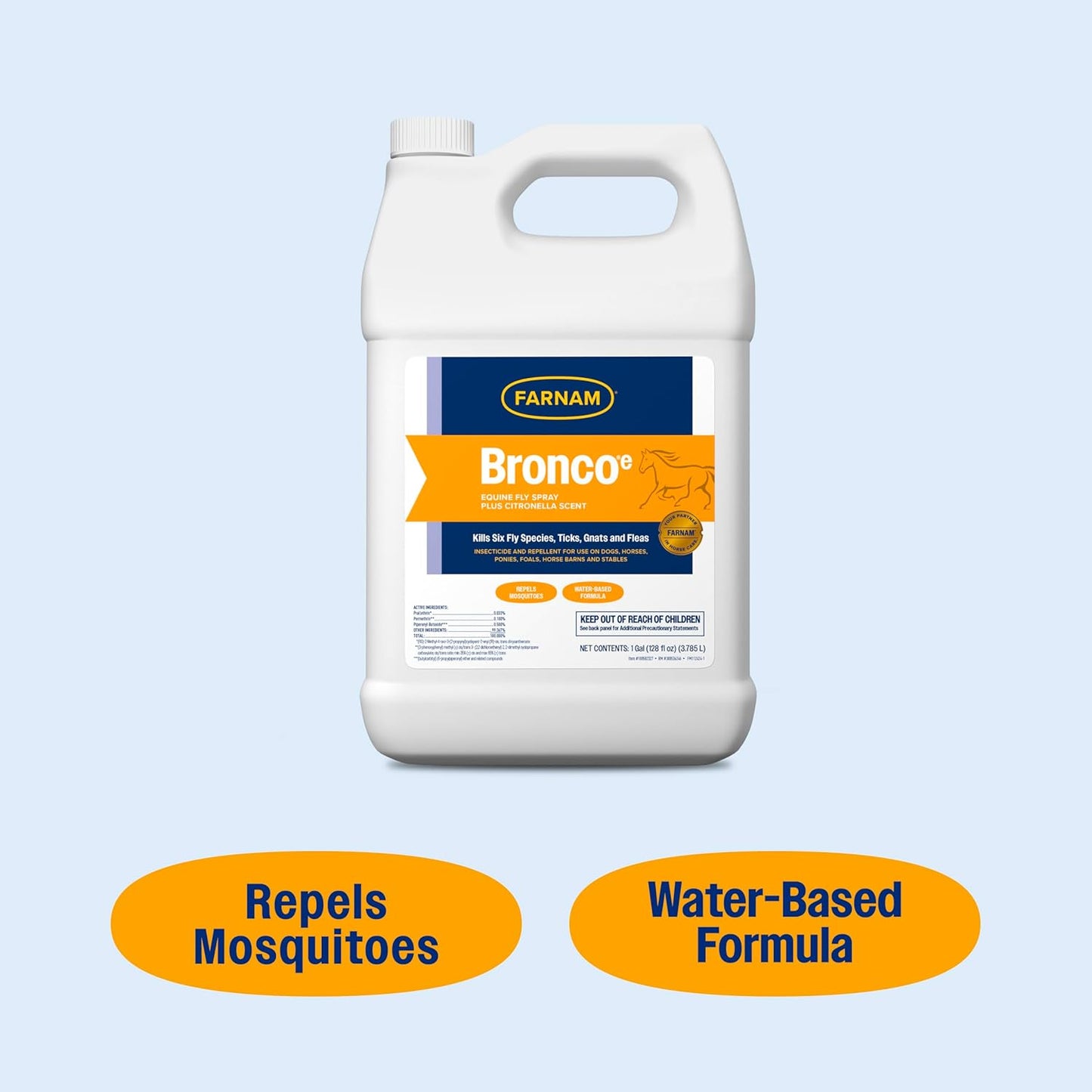 Farnam Broncoe Fly Spray Plus Citronella for Horses, Dogs & Premises – Kills Flies, Ticks, Fleas, Lice & Mosquitoes – Water-Based, Non-Oily Multi-Purpose Insecticide – 128 oz