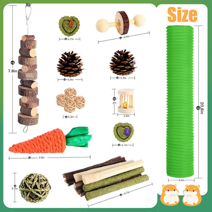 Kyouki Hamster Toys Guinea Pig Toys Set with Tunnel, Chewable Apple Wood & Natural Timothy Hay - Enrichment Chew Toys for Small Animals - 24+ Cage Accessories for Teeth Care & Boredom Relief (Green)
