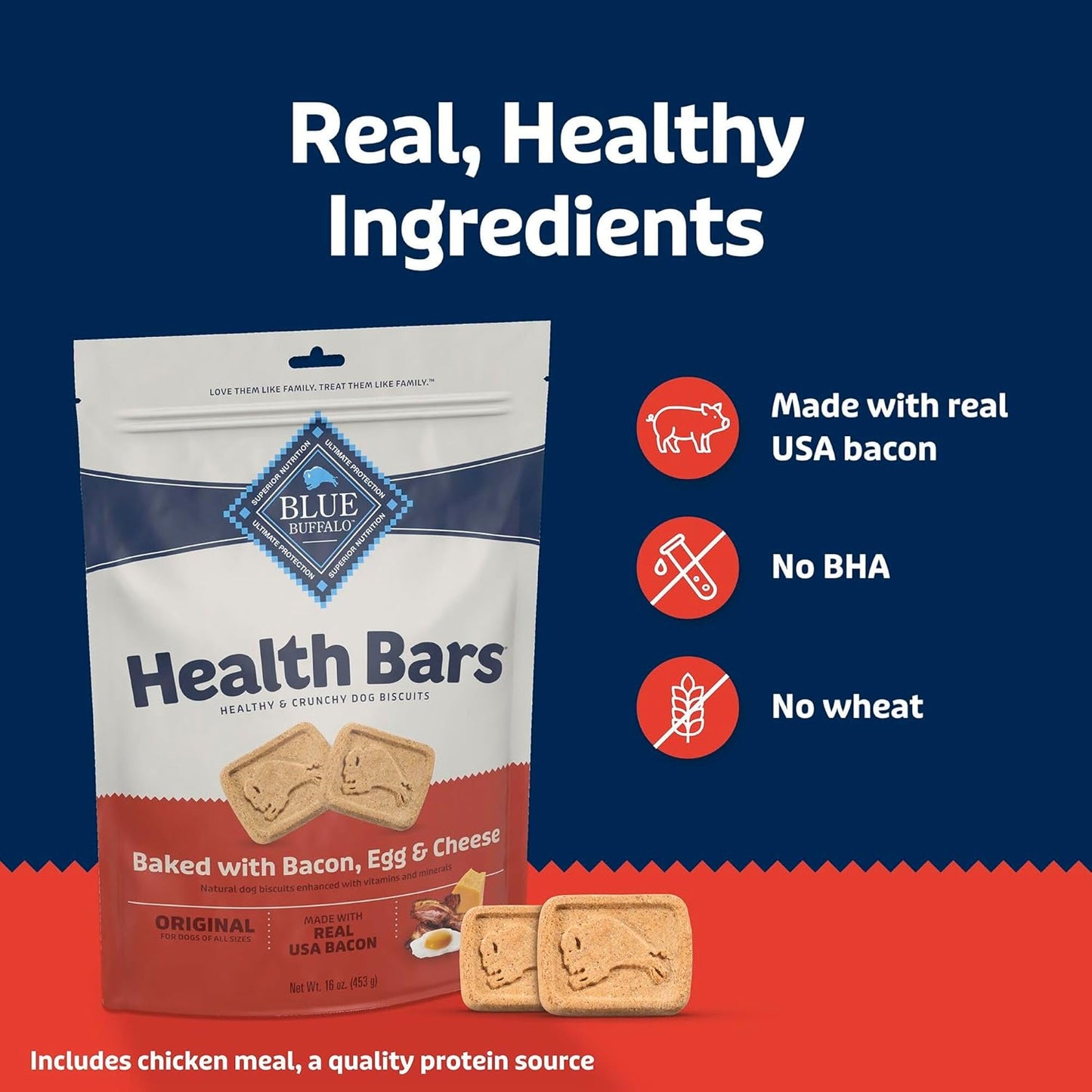 Blue Buffalo Health Bars Crunchy Dog Biscuits, Oven-Baked with Natural Ingredients, Bacon, Egg & Cheese, 16-oz Bag