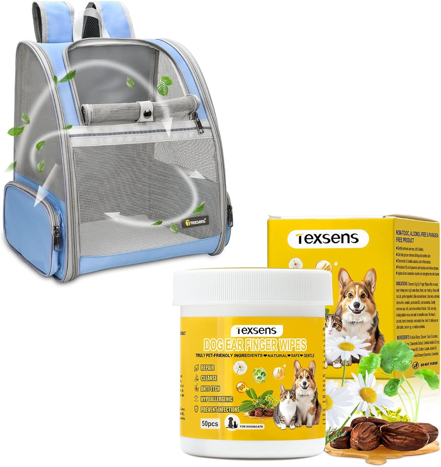 Texsens Pet Backpack(Blue) & Ear Care Wipes Combo‌