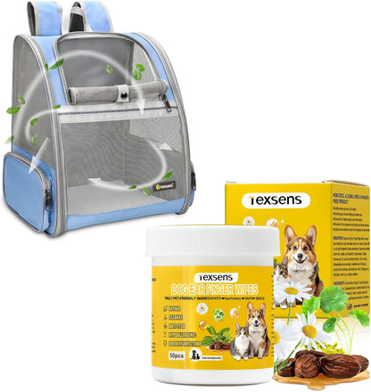 Texsens Pet Backpack(Blue) & Ear Care Wipes Combo‌