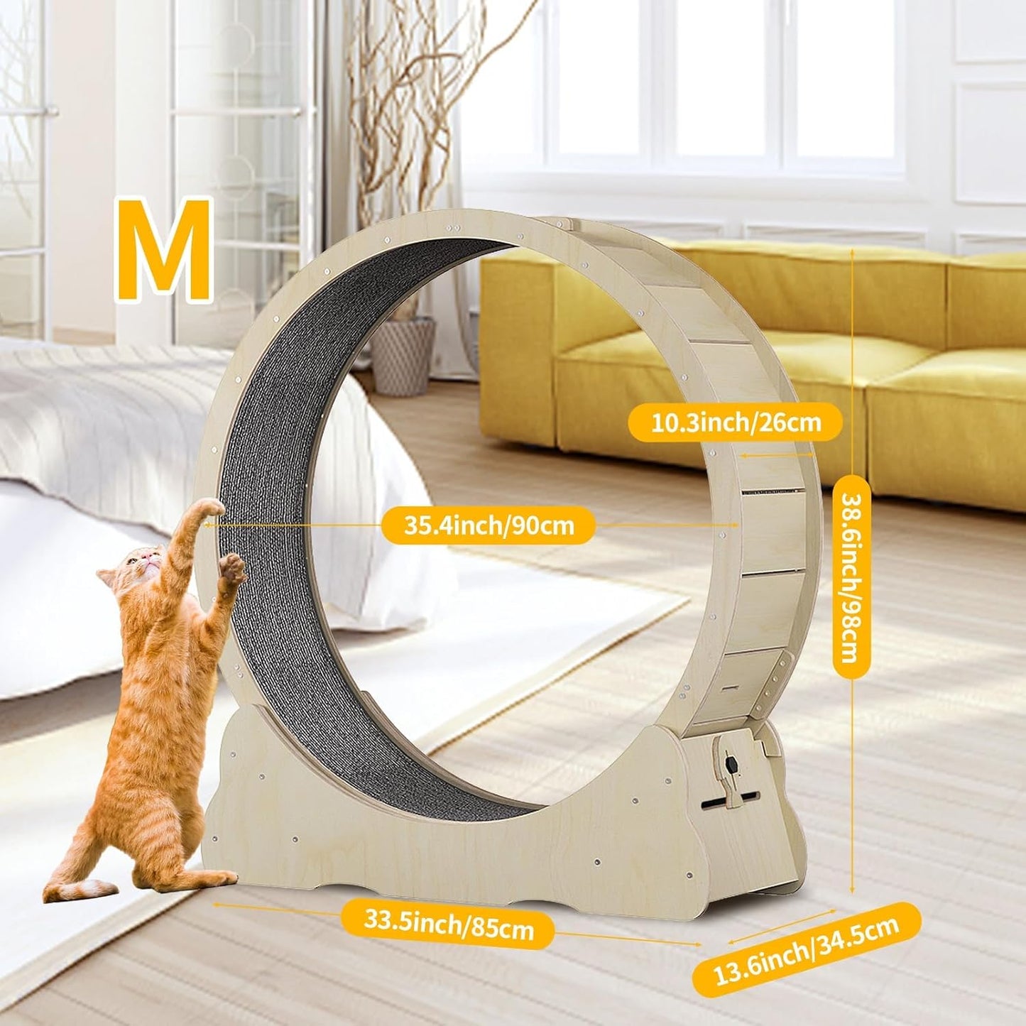 Homegroove 35.4 Inch Cat Exercise Wheels for Indoor Cats, Versatile Cat Toy Running Wheel Treadmill with Detachable Carpet for Weight Loss and Health, Natural Wood Color(M)