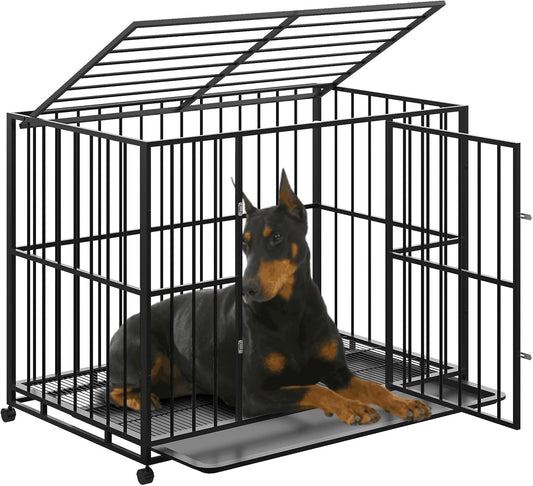 Heavy Duty Stainless Steel Dog Crate for Large & XL Breeds - Indestructible Escape-Proof Kennel with Locking Wheels - Collapsible, Chew-Resistant Indoor/Outdoor Cage with Easy-Clean Removable Tray