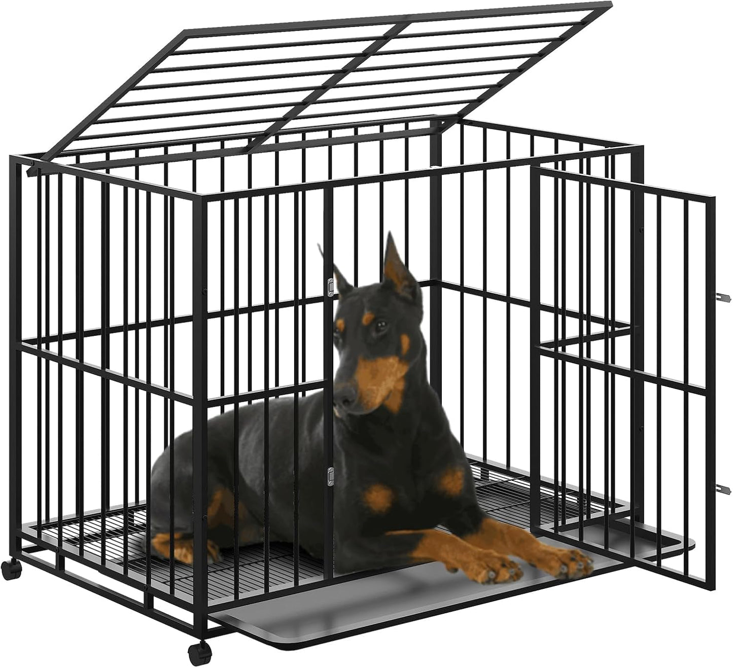 Heavy Duty Stainless Steel Dog Crate for Large & XL Breeds - Indestructible Escape-Proof Kennel with Locking Wheels - Collapsible, Chew-Resistant Indoor/Outdoor Cage with Easy-Clean Removable Tray