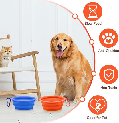 Large Collapsible Dog Bowls (34oz), 1 Pack Pet Travel Foldable Bowl and Slow Feeding Frisbee with Carabiners, Healthy, Soft Silicone, Portable Essential Set for Walking, Travel, and Hiking (Orange)