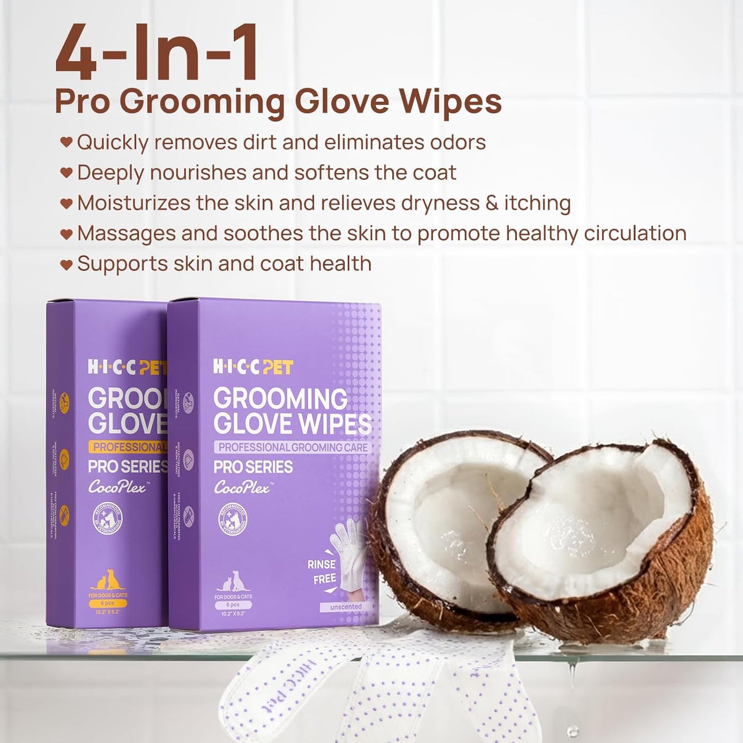 HICC PET Glove Wipes Pro | Pet Grooming Wipes for Dogs & Cats | Dual-Textured, Extra Thick, Rinse-Free Mittens | 4-in-1 Cleaning Combing Massage Conditioning, Portable Pack - Unscented