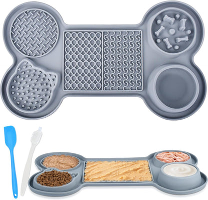 Silicone Slow Feeder Bowl, Lick Mat with Suction Cups for All Breed Dogs, Snuffle Feeding Mat for Bored Puppy Anxiety Relief, Licking Mat for Dry and Wet Food, Grey
