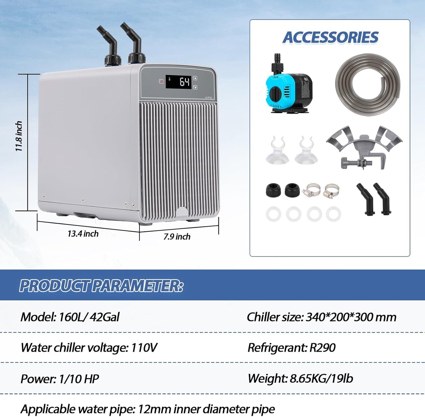 Poafamx Aquarium Chiller 42Gal Water Chiller for Fish Tank 1/10 HP Water Cooler Refrigeration Compressor for Axolotl Hydroponics System Saltwater Freshwater Coral Jellyfish with Pump and Pipe 110V