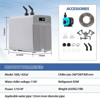 Poafamx Aquarium Chiller 42Gal Water Chiller for Fish Tank 1/10 HP Water Cooler Refrigeration Compressor for Axolotl Hydroponics System Saltwater Freshwater Coral Jellyfish with Pump and Pipe 110V