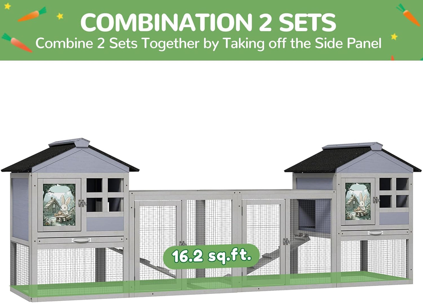 48" L Large Rabbit Hutch Outdoor Indoor, Expandable 2-Story Wooden Bunny Cage with Run, Removale Tray, 3 Entrances, Grey + Colorful Pattern