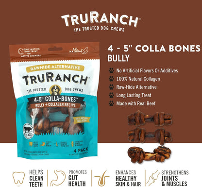 TRURANCH 4-5" Collagen Bones, Bully - Collagen Dog Bones - Long Lasting Healthy Joint Support Dog Treat - Rawhide Alternative - Skin & Coat Health, 1 Bag, 4 Count