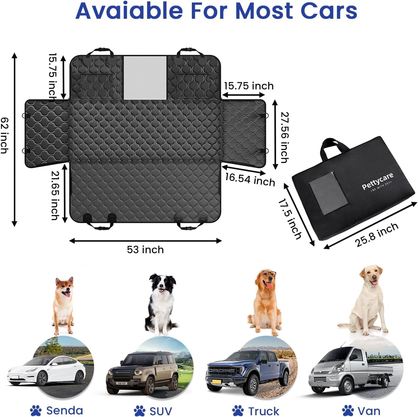 pettycare Dog Car Seat Cover for Back Seat - Hard Bottom Supports 400lbs, with Mesh Window & Non-Slip Bottom, for SUV & Truck (Black)