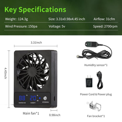 Reptile Tank Fan with Thermometer & Hygrometer | LED Display, Auto Ventilation for Enclosures & Terrariums