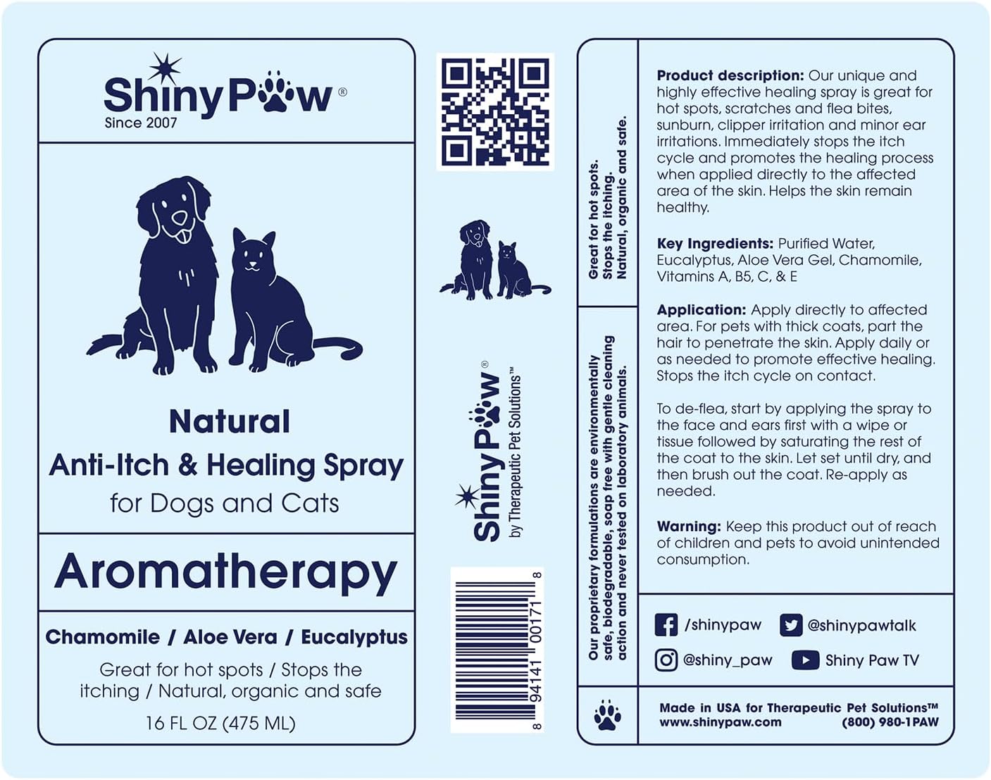Dog Itch Relief Spray by Shiny Paw 16 oz | Aloe Vera & Eucalyptus Skin Itch Remedy | Dog Hot Spot Spray | Natural Anti Itch Spray for Pets | Dog Itchy Skin Relief | Made in USA