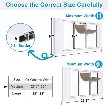 Cat Door for Window,Adjustable to Fits 27.5"-33" Width Sliding Windows,Aluminum Frame Window Cat Door Insert,Magnetic Close Cat Window Door,Quick Install Window Pet Door for Cats & Small Dogs