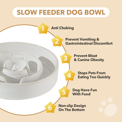 Ceramic 1.2 Cup Raised Slow Feeder Dog Bowl Set, Elevated 6.1inch Bowl and 7.3inch Dish with Acacia Wood Stand for Small and Medium Dog(2 x Reactived Glaze -White+ Stand)