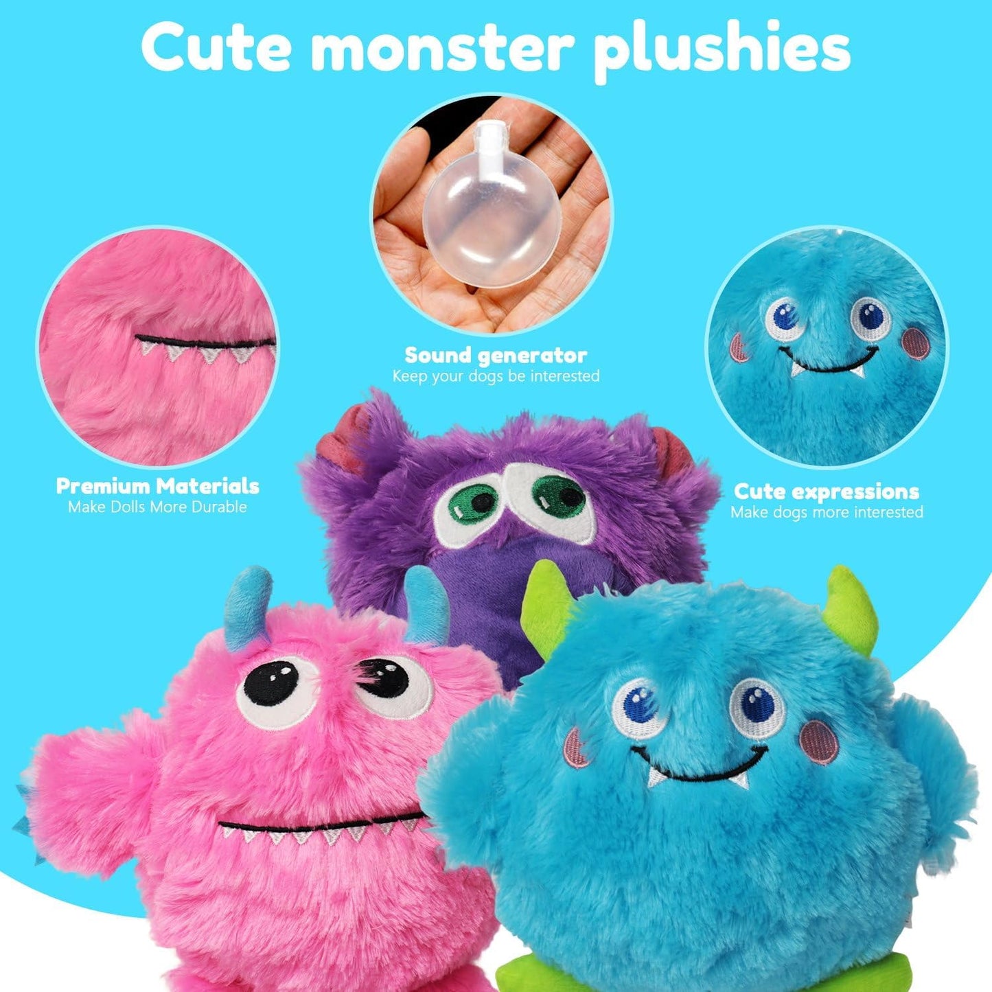 Dog Squeaky Toys 3 Pack, Plush Dog Toy Pack for Puppy (Medium, Monster)