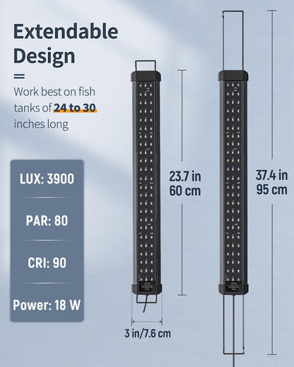 Pawfly 18 W Aquarium LED Light for 24 to 30 Inch Extendable Fish Tank Light with Full Spectrum Brilliant White Blue Red Lights with Daytime & Night Modes Timer Auto On/Off Adjustable Brightness