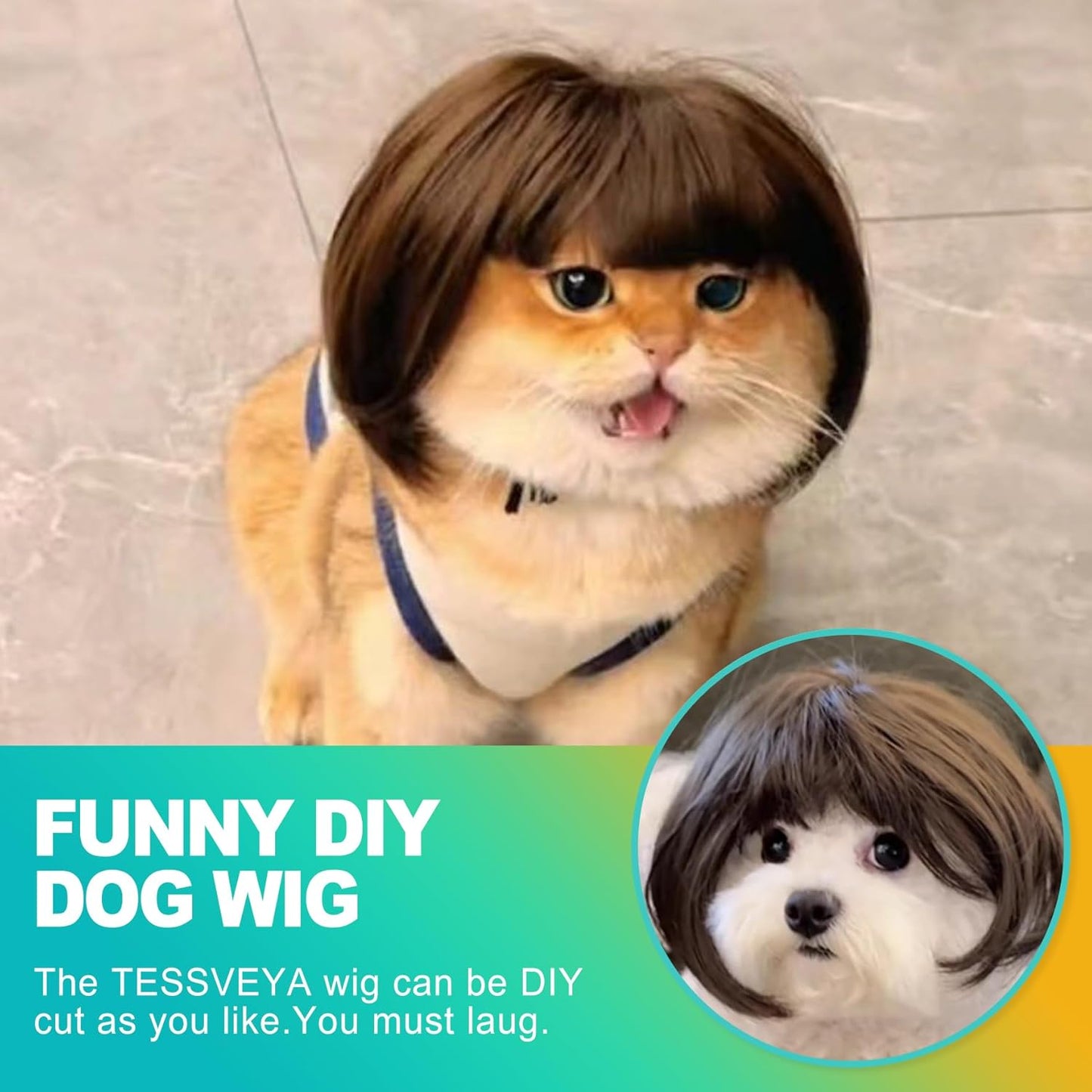 1-Pack Adjustable Pet Wig for Dogs & Cats – Trimmable 3D Natural Look Wigs with Elastic Bands (Halloween, Christmas, Cosplay & Party Accessories)