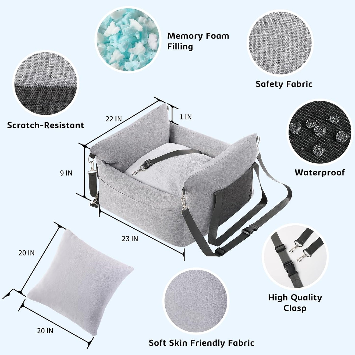 Dog Car Seat for Small Pets - Portable Travel Carrier With Pocket, Memory Foam Filling, Safety Leash - Machine Washable, Waterproof Booster Bed (Grey)
