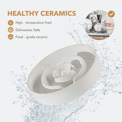 Ceramic 1.2 Cup Raised Slow Feeder Dog Bowl Set, Elevated 6.1inch Bowl and 7.3inch Dish with Acacia Wood Stand for Small and Medium Dog(2 x Reactived Glaze -White+ Stand)