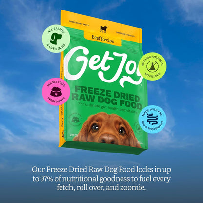 Get Joy Freeze Dried Raw Beef Meal, High Protein Grain Free, Dry Dog Food Meal Mixer and Topper, with Probiotics for Gut Health, Made with 100% USDA Organ Meat, for All Breeds and Ages, 32oz Bag