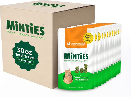 Minties Dental Treats for Cats, Chicken Flavored Treats for Cats, Freshens Breath and Controls Tartar, 30oz (12 2.5oz Bags)