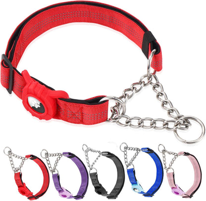 Cymiler Martingale Dog Collar with AirTag Holder, Reflective Nylon Training Collar, Stainless Steel Chain, Heavy Duty Buckle, Limited Slip Collars for Small Medium Large Dogs (Red, Large)