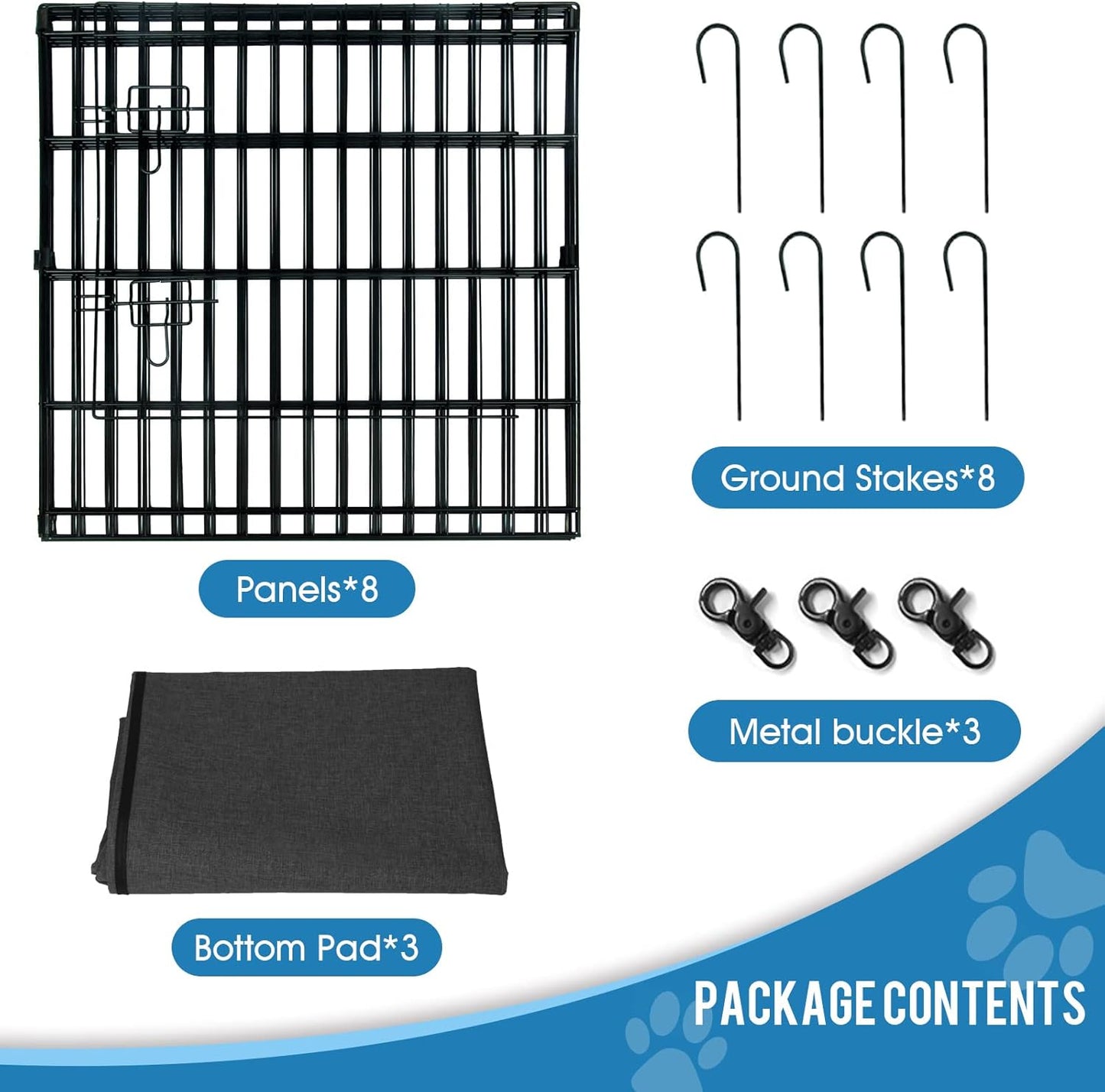 Dog Pen Pet Playpen Dog Fence Indoor Foldable Metal Wire Exercise Puppy Play Yard Pet Enclosure Indoor Outdoor 8 Panels 24 Inch with Bottom Pad/Top Cover (Black with Bottom pad)